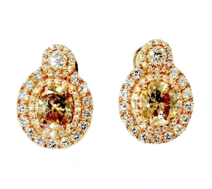 Estate 2.50 ctw Oval Champagne & White Diamond Stud Earrings 18k Rose Gold