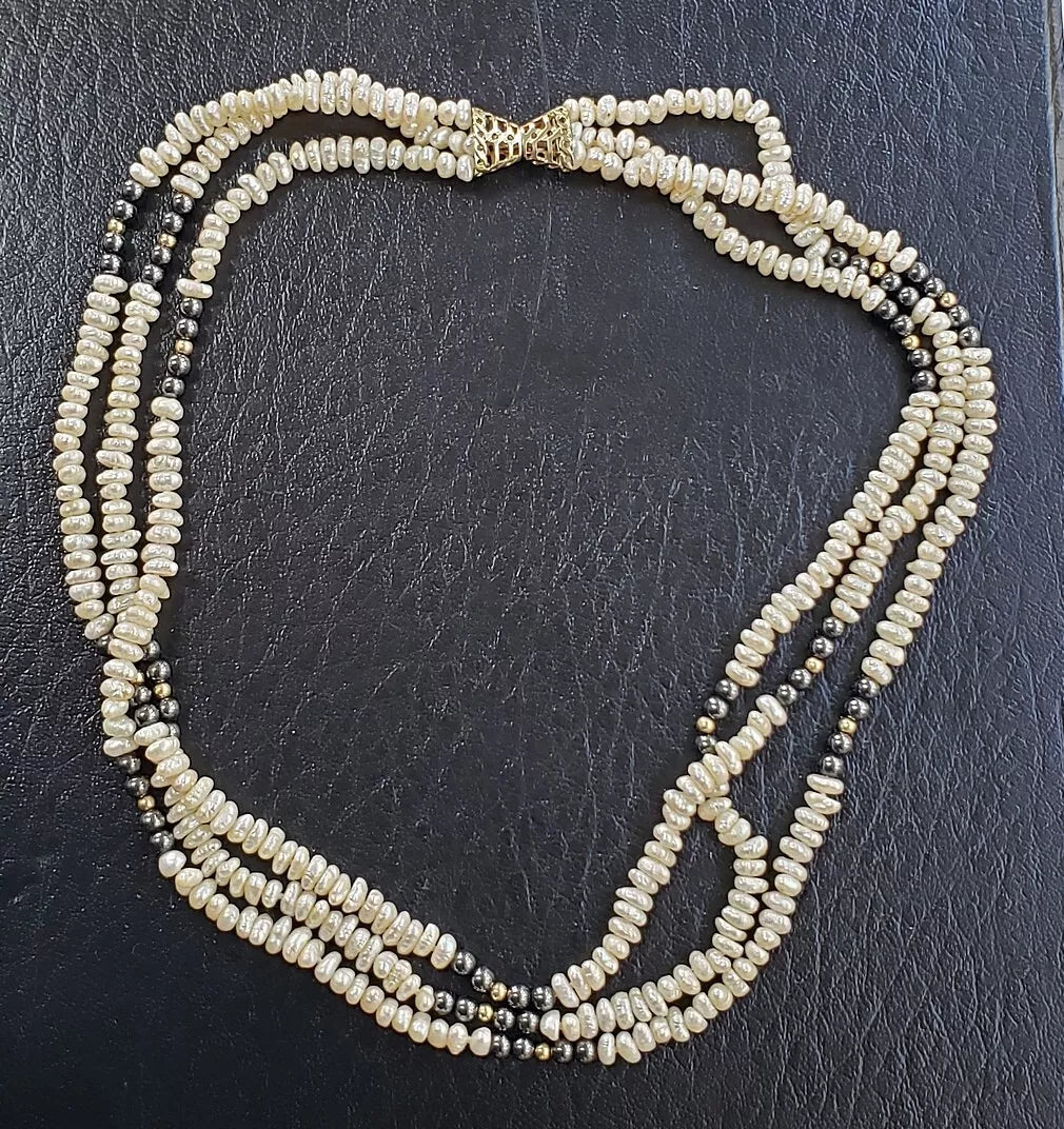 VTG 14k Gold Triple Strand Ball Hematite Baroque Pearl Station 19.75" Necklace
