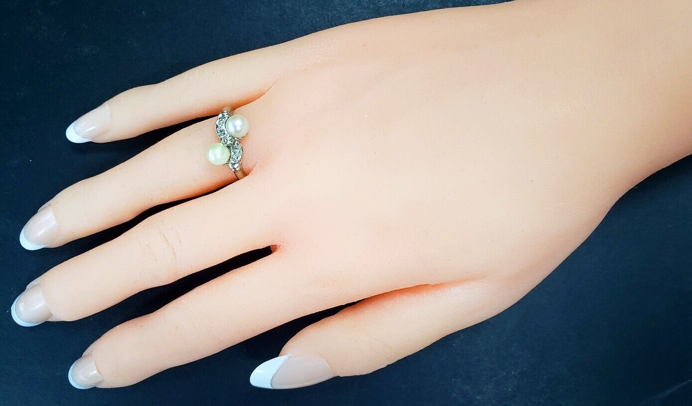 Estate Diamond Dual Pearl Moi et Toi Bypass Ring 14k White Gold Size 5.75