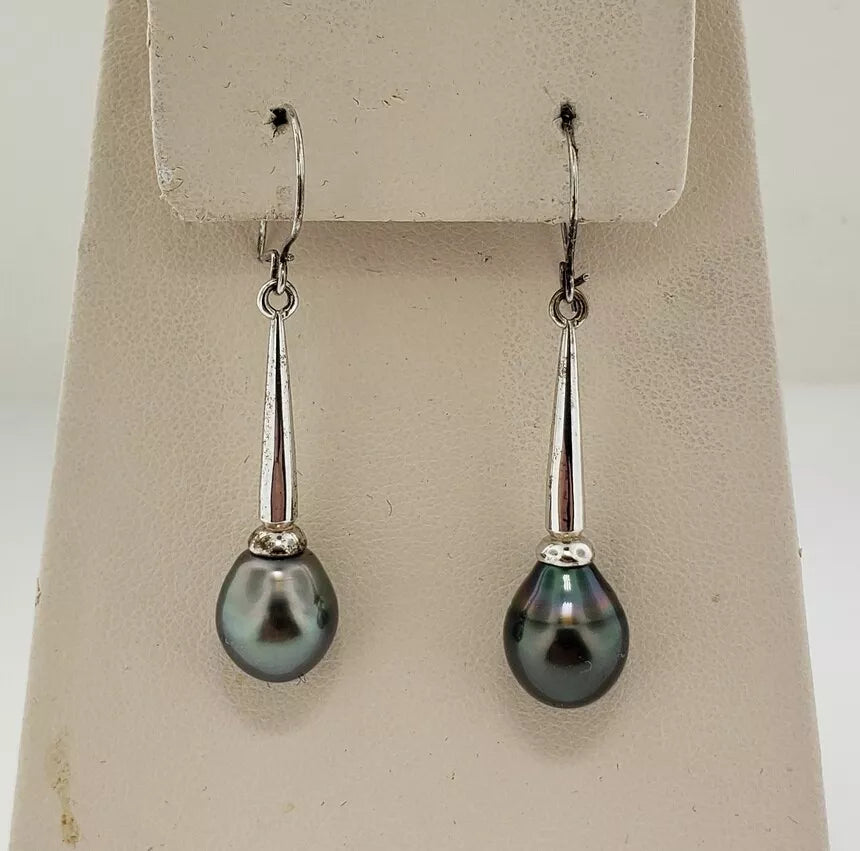 9-10MM Tahitian Black Pearl Rhodium 925 Sterling Silver Dangle Earrings