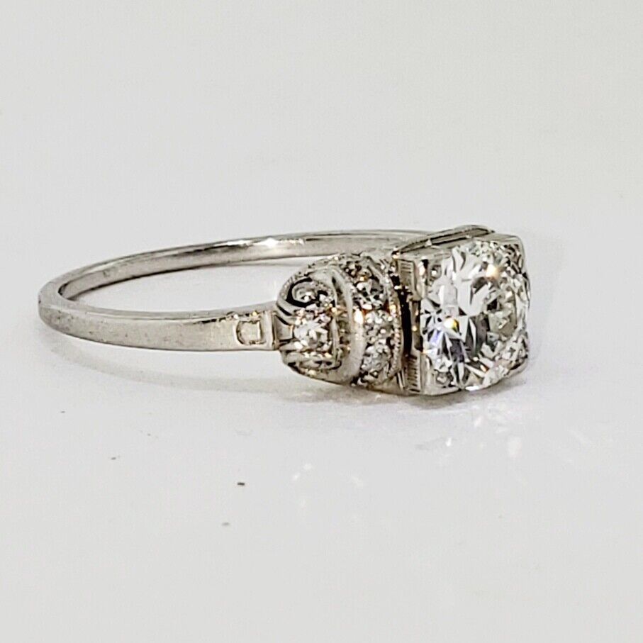 Vintage Antique Art Deco VS .70ct Center European Cut Diamond Platinum Ring Sz 6