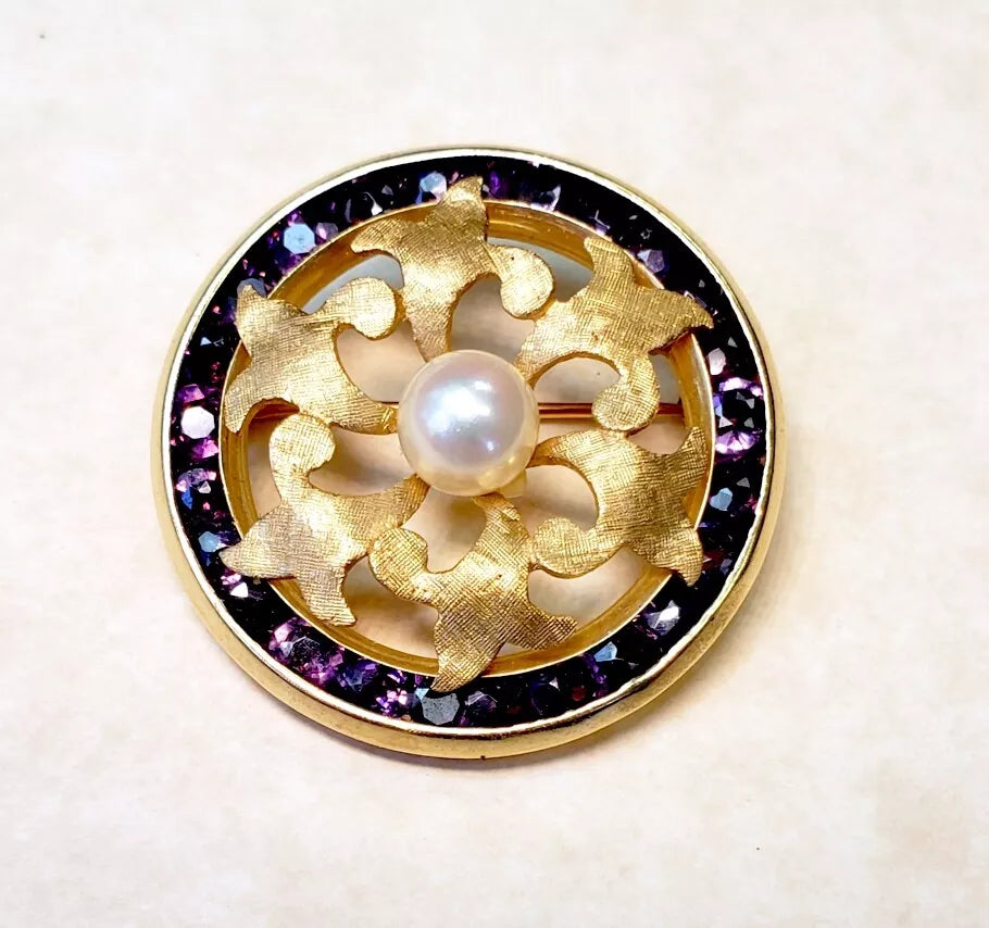 Lucien Piccard Vintage Fleur De Lis Swiss 14K Yellow Gold PEARL AMETHYST Brooch Pin