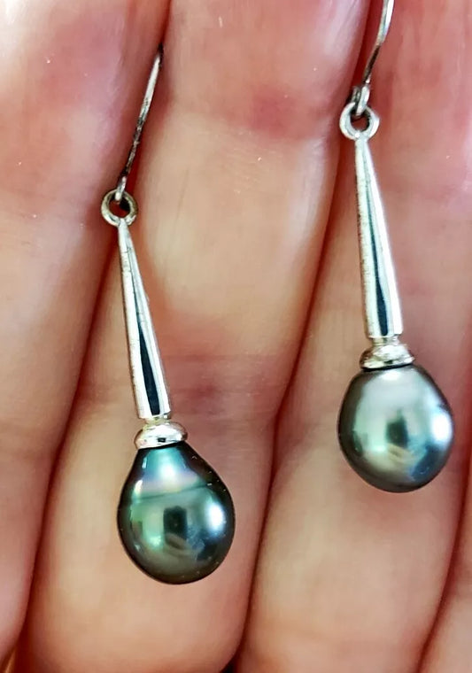 9-10MM Tahitian Black Pearl Rhodium 925 Sterling Silver Dangle Earrings