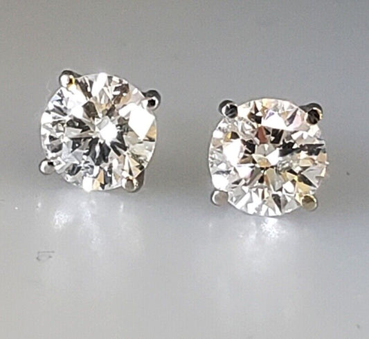 New Pair of Round Brilliant Cut Diamond Stud Earrings 14k W Gold 1.02 ctw