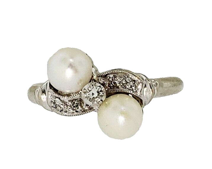 Estate Diamond Dual Pearl Moi et Toi Bypass Ring 14k White Gold Size 5.75
