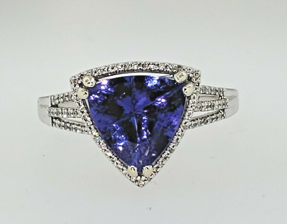~3.50CT 14K Gold Natural Trillion Tanzanite 1.00ctw Diamond Engagement Ring Halo
