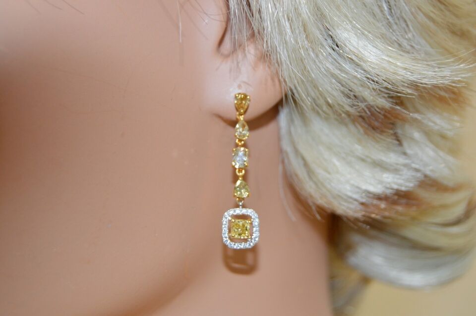 Dangle Earrings 3.37ctw Halo Yellow Cushion Pear Oval and Round Diamond 18k Gold