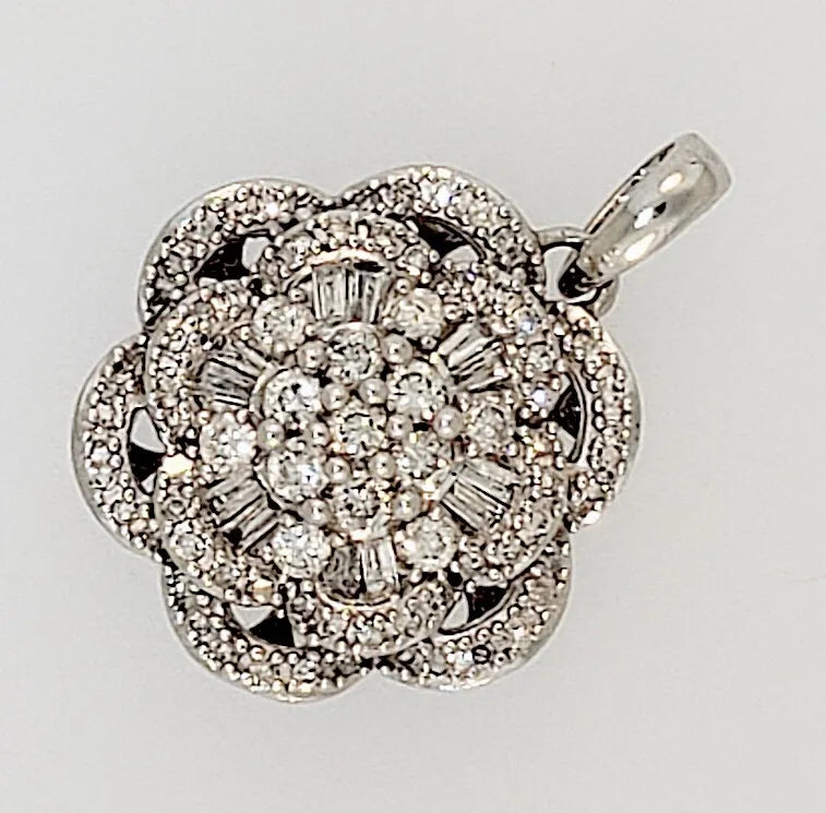 14k White Gold Round and Baguette Cut Diamond Pendant Necklace .76 ctw