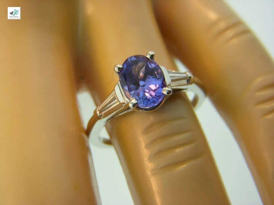 Estate Oval TANZANITE and Baguette Diamond Platinum Ring Size 6.75