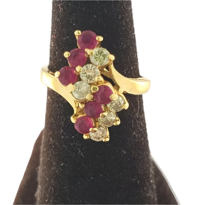 VINTAGE 14K YELLOW GOLD RUBY AND DIAMONDS CLUSTER WATERFALL COCKTAIL RING