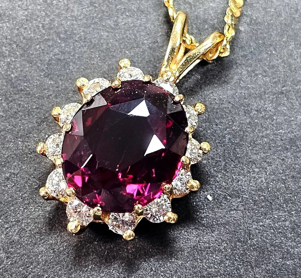 Estate ~4.00 CT OVAL GARNET ROUND DIAMONDS HALO 14K YELLOW GOLD PENDANT