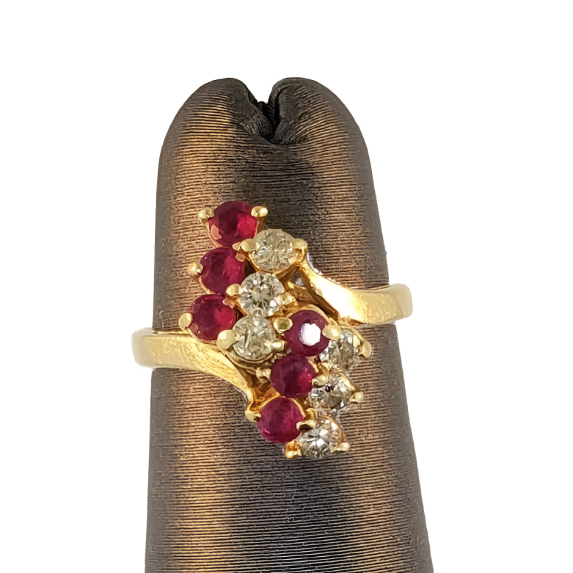 VINTAGE 14K YELLOW GOLD RUBY AND DIAMONDS CLUSTER WATERFALL COCKTAIL RING