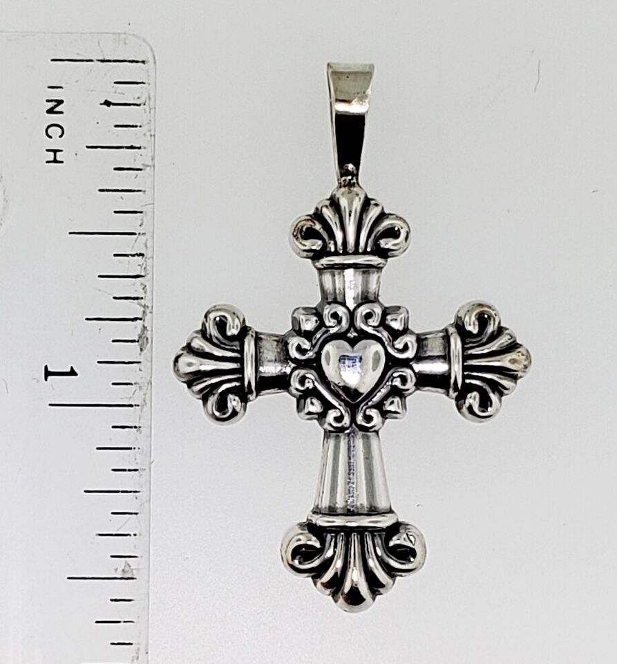 Genuine Signed KABANA 925 Sterling Silver Ornate HEART CROSS Pendant