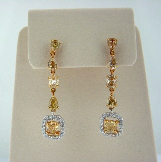 Dangle Earrings 3.37ctw Halo Yellow Cushion Pear Oval and Round Diamond 18k Gold