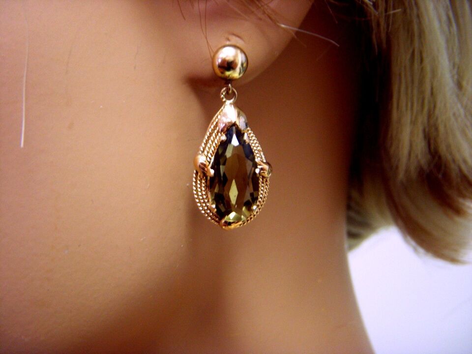 Estate Elegant Pear Shaped Smoky Quartz 14k Pink Rose Gold Dangle Earrings 12ctw