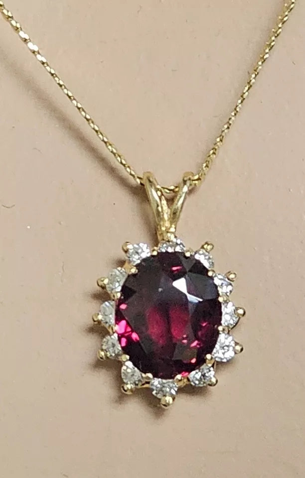 Estate ~4.00 CT OVAL GARNET ROUND DIAMONDS HALO 14K YELLOW GOLD PENDANT