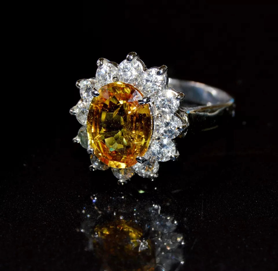 ~6.00ctw 14k White Gold 4.00 carat YELLOW SAPPHIRE + Diamonds Halo Ring Size 10
