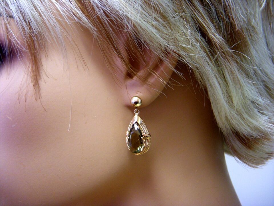 Estate Elegant Pear Shaped Smoky Quartz 14k Pink Rose Gold Dangle Earrings 12ctw