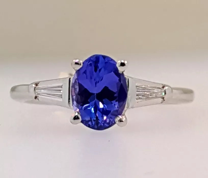 Estate Oval TANZANITE and Baguette Diamond Platinum Ring Size 6.75