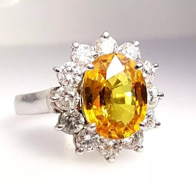 ~6.00ctw 14k White Gold 4.00 carat YELLOW SAPPHIRE + Diamonds Halo Ring Size 10