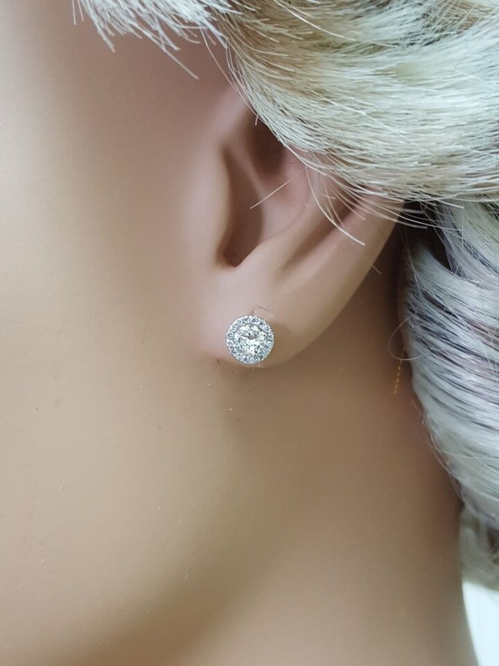 Round Diamond Halo Stud Earrings 14kt White Gold Martini Goblet Setting .82ctw