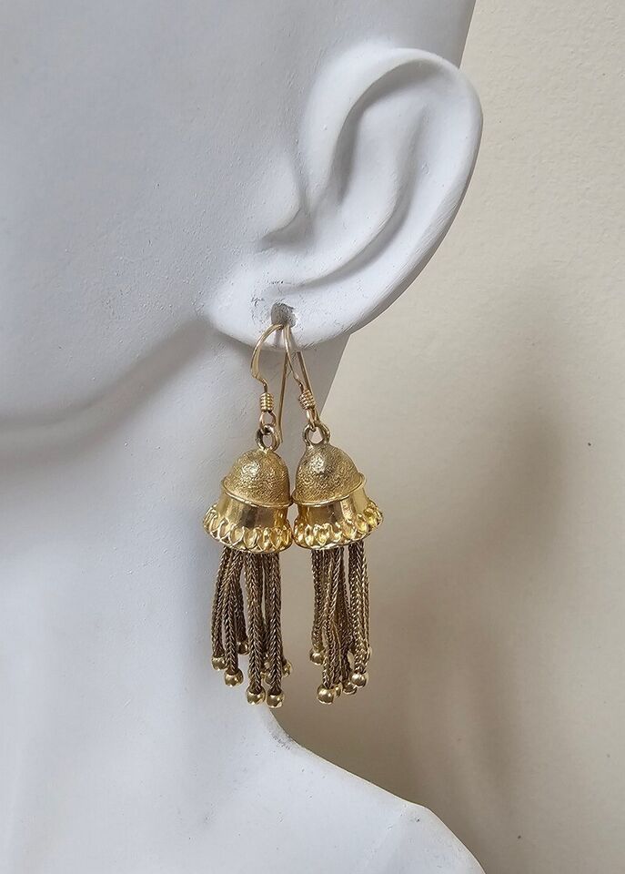 Victorian 14k Gold Long Tassel Earrings, Antique Statement Jewelry