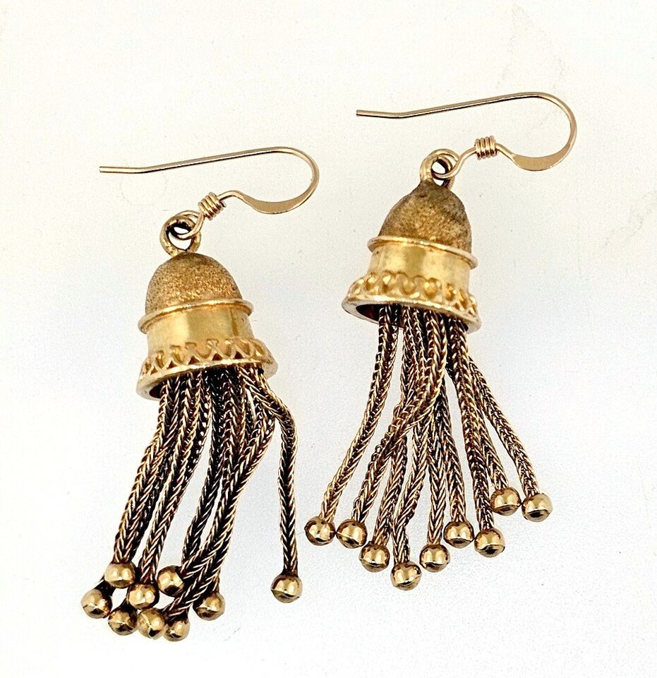 Victorian 14k Gold Long Tassel Earrings, Antique Statement Jewelry