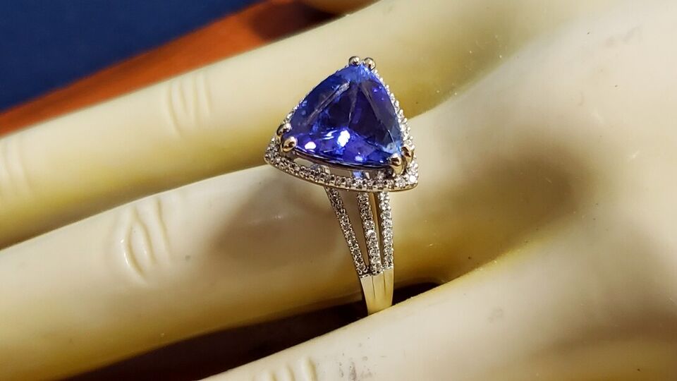 ~3.50CT 14K Gold Natural Trillion Tanzanite 1.00ctw Diamond Engagement Ring Halo
