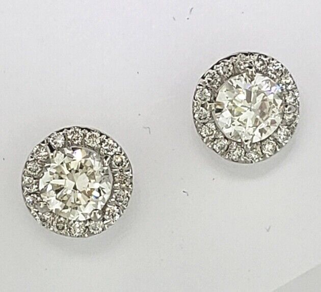 Round Diamond Halo Stud Earrings 14kt White Gold Martini Goblet Setting .82ctw