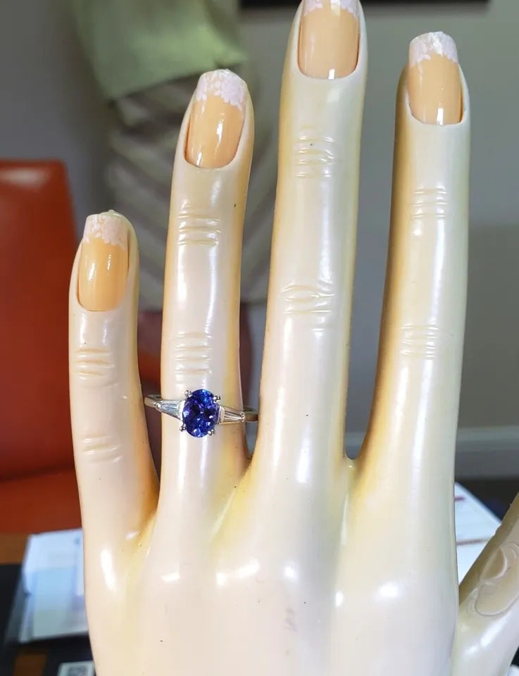 Estate Oval TANZANITE and Baguette Diamond Platinum Ring Size 6.75