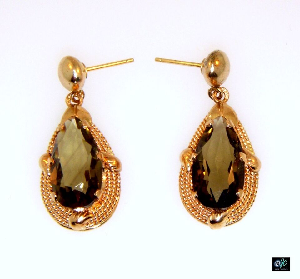 Estate Elegant Pear Shaped Smoky Quartz 14k Pink Rose Gold Dangle Earrings 12ctw