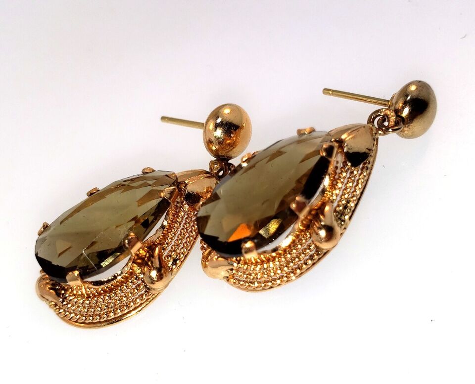 Estate Elegant Pear Shaped Smoky Quartz 14k Pink Rose Gold Dangle Earrings 12ctw