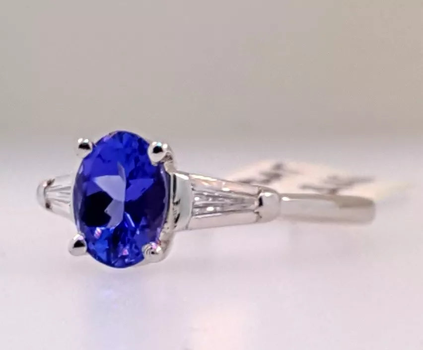 Estate Oval TANZANITE and Baguette Diamond Platinum Ring Size 6.75