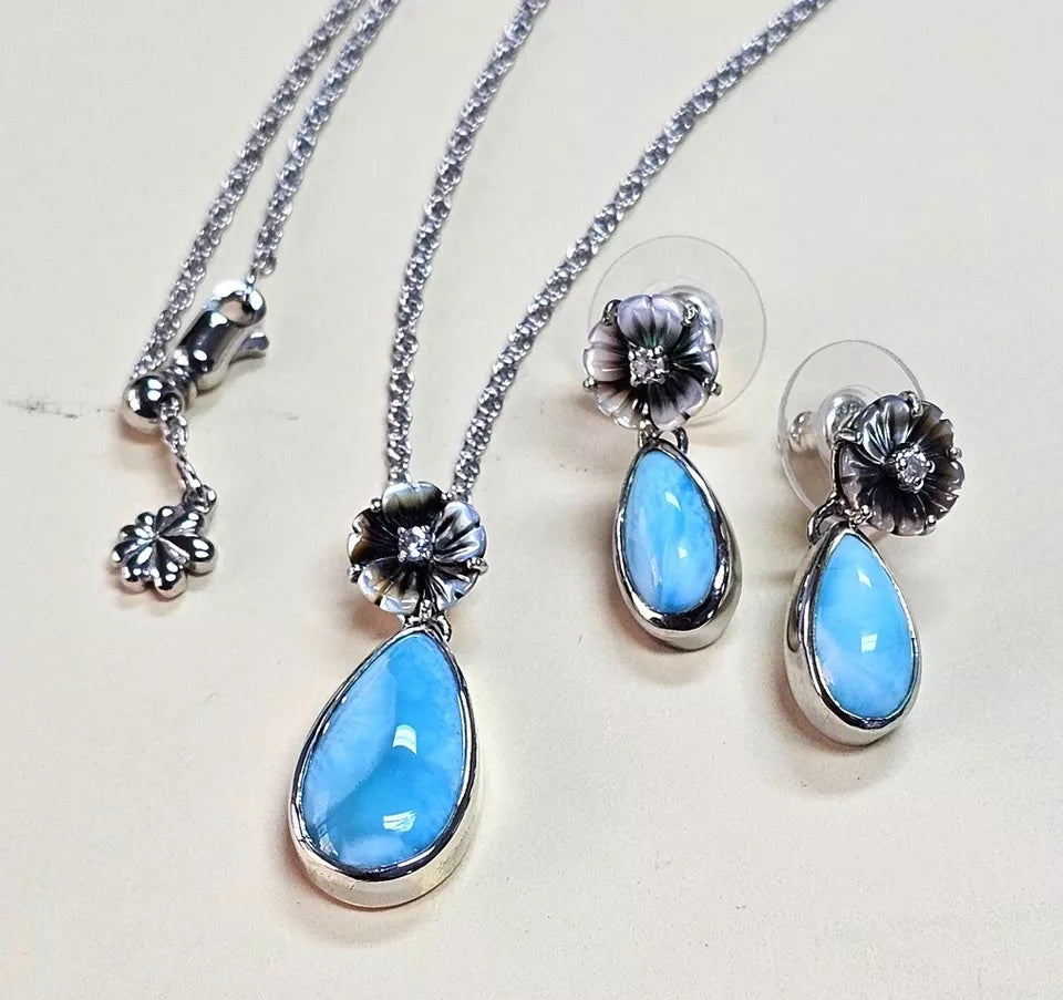 MarahLago Hibiscus Larimar Earrings & Pendant Set With White Sapphire