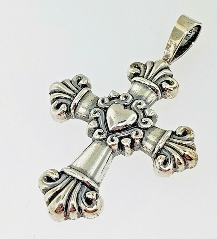 Genuine Signed KABANA 925 Sterling Silver Ornate HEART CROSS Pendant