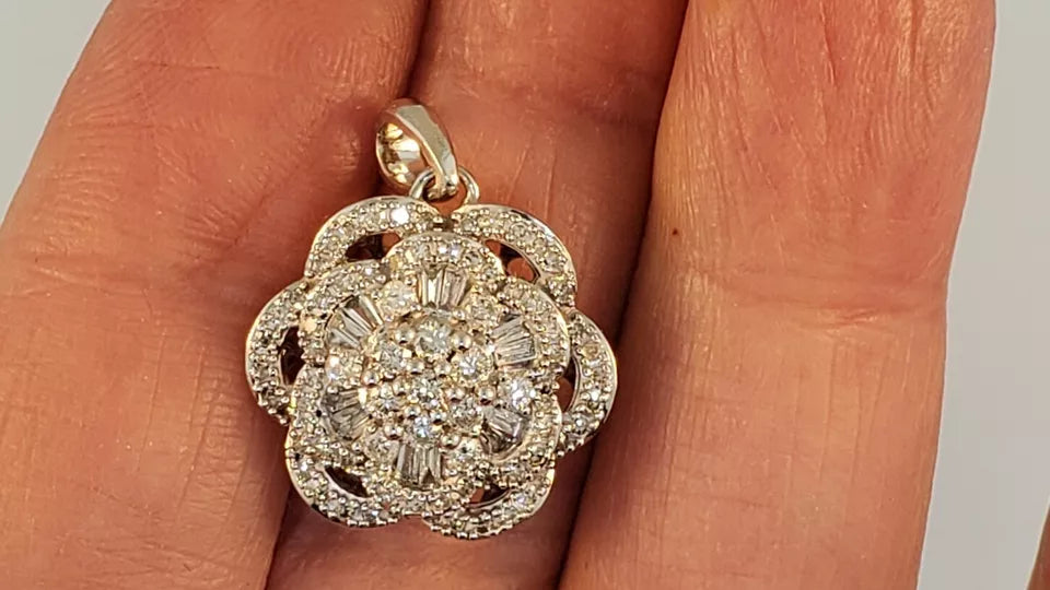 14k White Gold Round and Baguette Cut Diamond Pendant Necklace .76 ctw