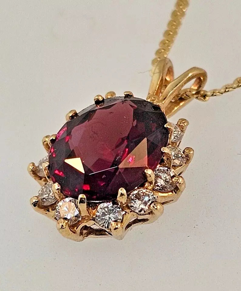 Estate ~4.00 CT OVAL GARNET ROUND DIAMONDS HALO 14K YELLOW GOLD PENDANT
