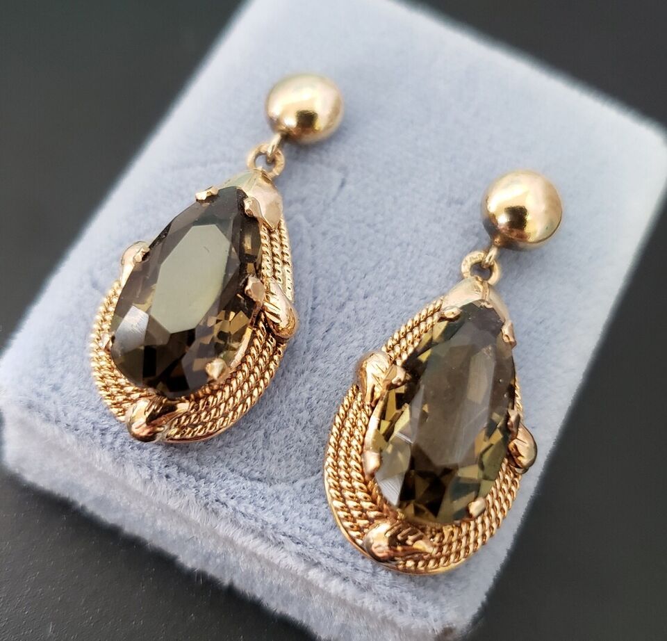 Estate Elegant Pear Shaped Smoky Quartz 14k Pink Rose Gold Dangle Earrings 12ctw
