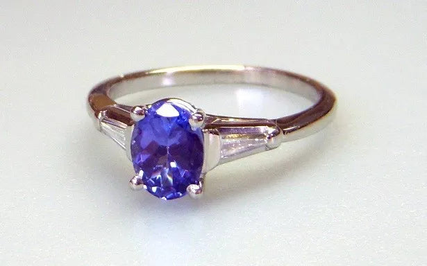 Estate Oval TANZANITE and Baguette Diamond Platinum Ring Size 6.75