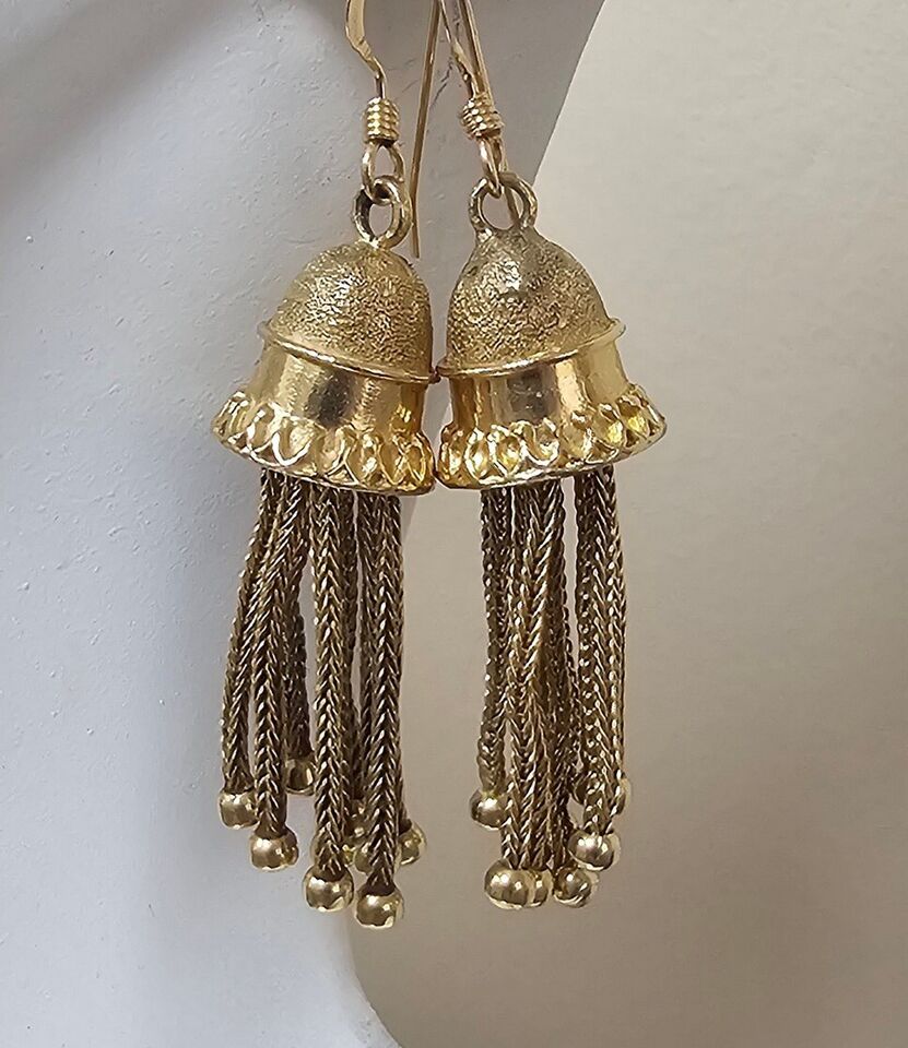 Victorian 14k Gold Long Tassel Earrings, Antique Statement Jewelry