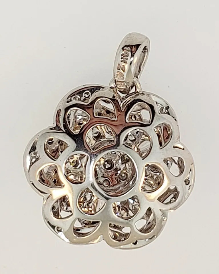 14k White Gold Round and Baguette Cut Diamond Pendant Necklace .76 ctw