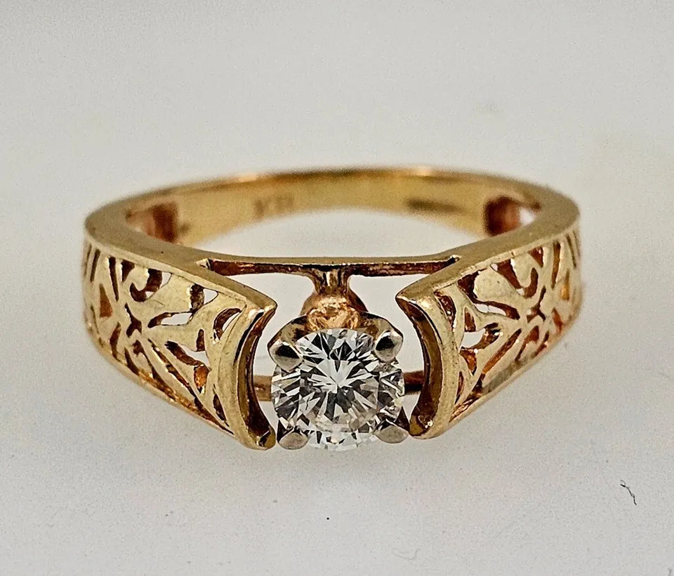 Vintage 1/2 Ct Round Brilliant Diamond Filigree Solitaire Ring Yellow Gold size 6.5