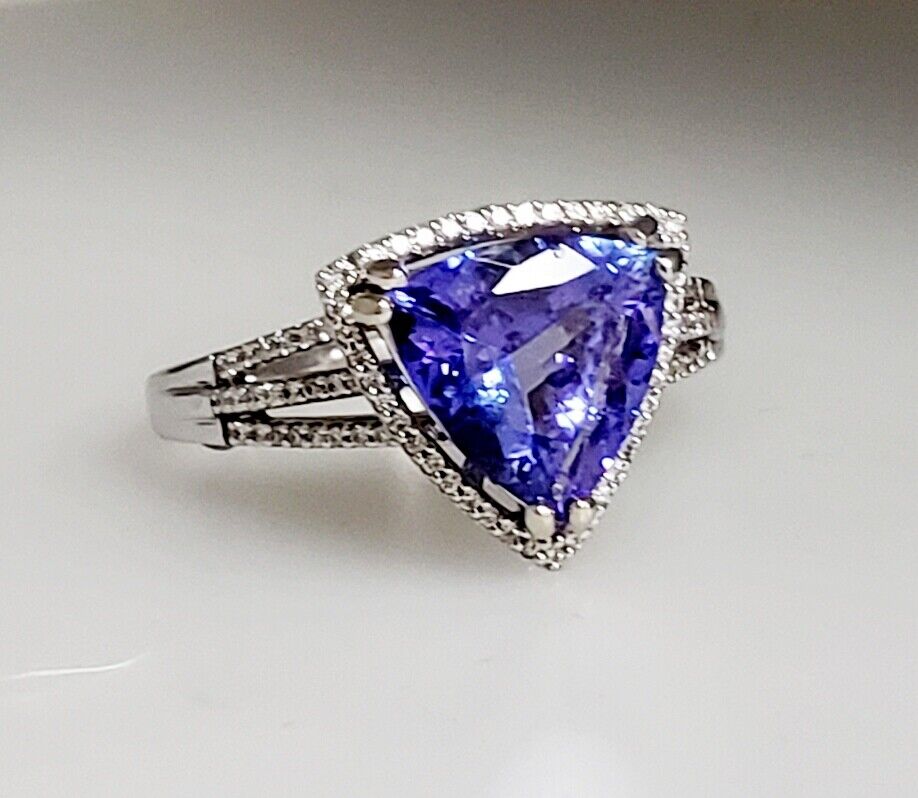 ~3.50CT 14K Gold Natural Trillion Tanzanite 1.00ctw Diamond Engagement Ring Halo