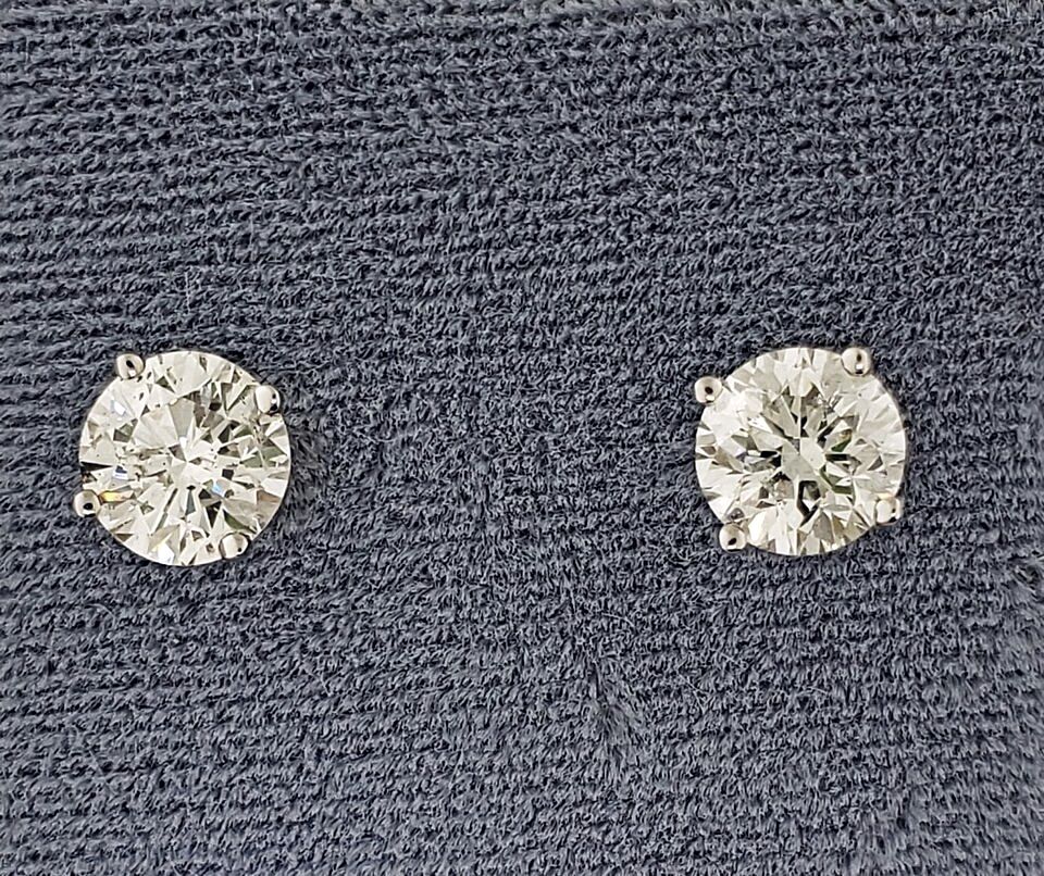 Pair of Round Brilliant Cut Diamond Stud Earrings 14k W Gold 1.87 Carat Total