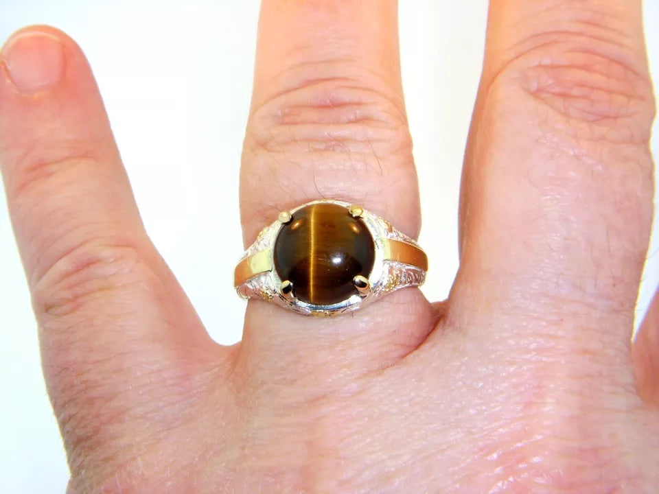 Men`s Vintage Sterling Silver 18k Gold Tiger`s Eye Cabochon Ring Size 9.5