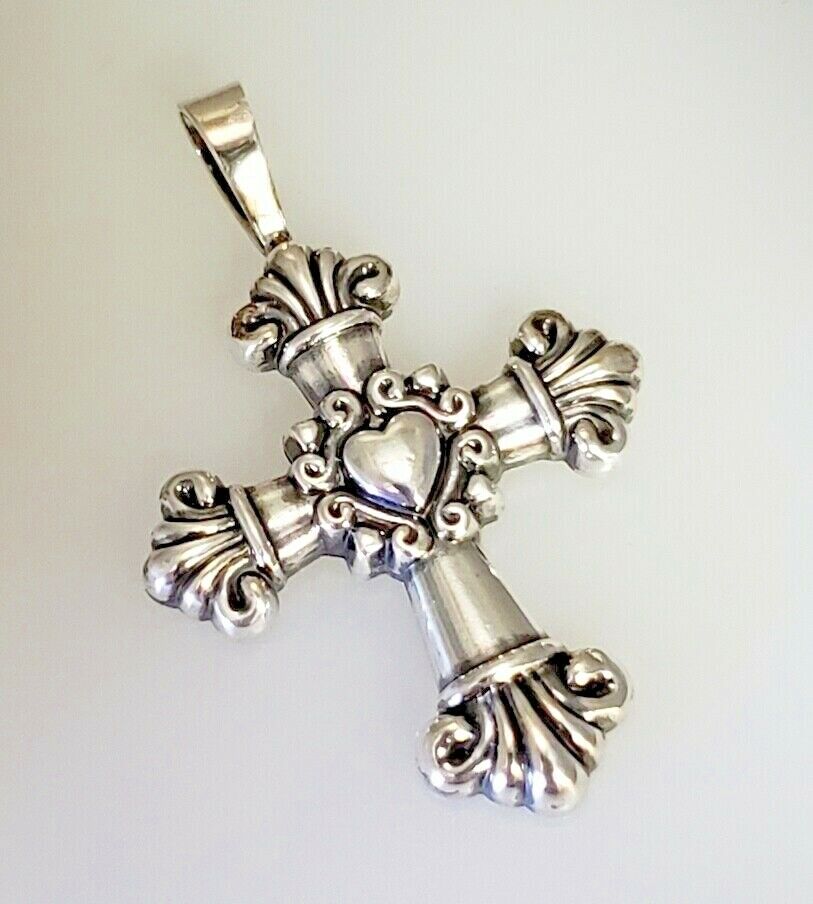 Genuine Signed KABANA 925 Sterling Silver Ornate HEART CROSS Pendant