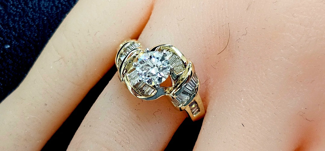 GIA Certified .86ct Round Diamond & 33 baguette Engagement By-Pass Ring 14k Gold