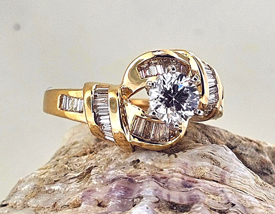 GIA Certified .86ct Round Diamond & 33 baguette Engagement By-Pass Ring 14k Gold