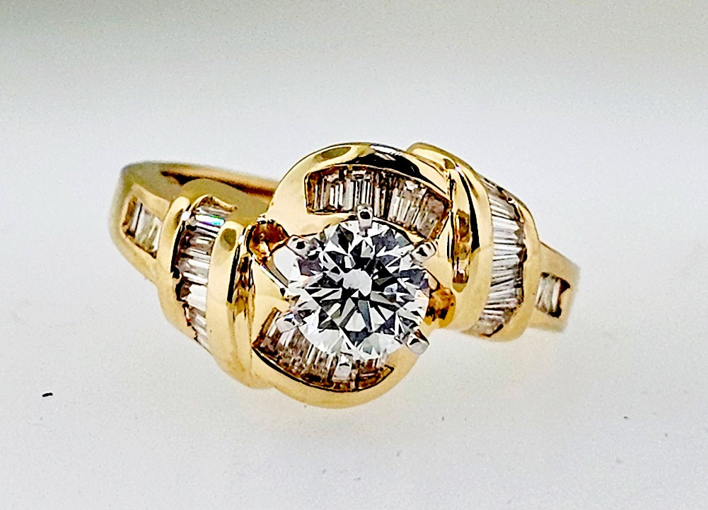 GIA Certified .86ct Round Diamond & 33 baguette Engagement By-Pass Ring 14k Gold