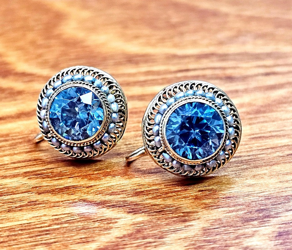 Beautiful Antique Victorian Natural Blue Zircon &amp; Seed Pearl Earrings  14K Yellow Gold